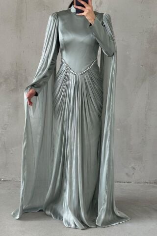Sparkling Touch Sleeve Detailed Modest Evening Dress in Mint Green
