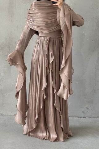 Ruffle Detailed Janjan Hijab Evening Dress Mink