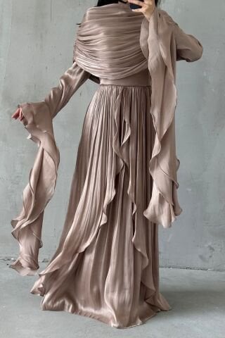 Volan Detaylı Fırfırlı Janjan Tesettür Abiye Vizon