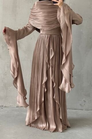 Volan Detaylı Fırfırlı Janjan Tesettür Abiye Vizon