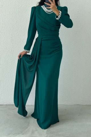 İncilerle Süslenmiş Şık Krep Tesettür Abiye Yeşil