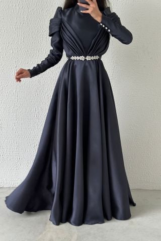 Zarafetin Sembolü Saten Tesettür Abiye Lacivert