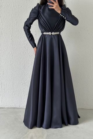 Zarafetin Sembolü Saten Tesettür Abiye Lacivert