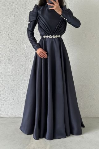 Zarafetin Sembolü Saten Tesettür Abiye Lacivert
