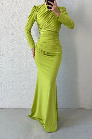 Basic Fish Model Sendi Fabric Hijab Evening Dress Oil Green