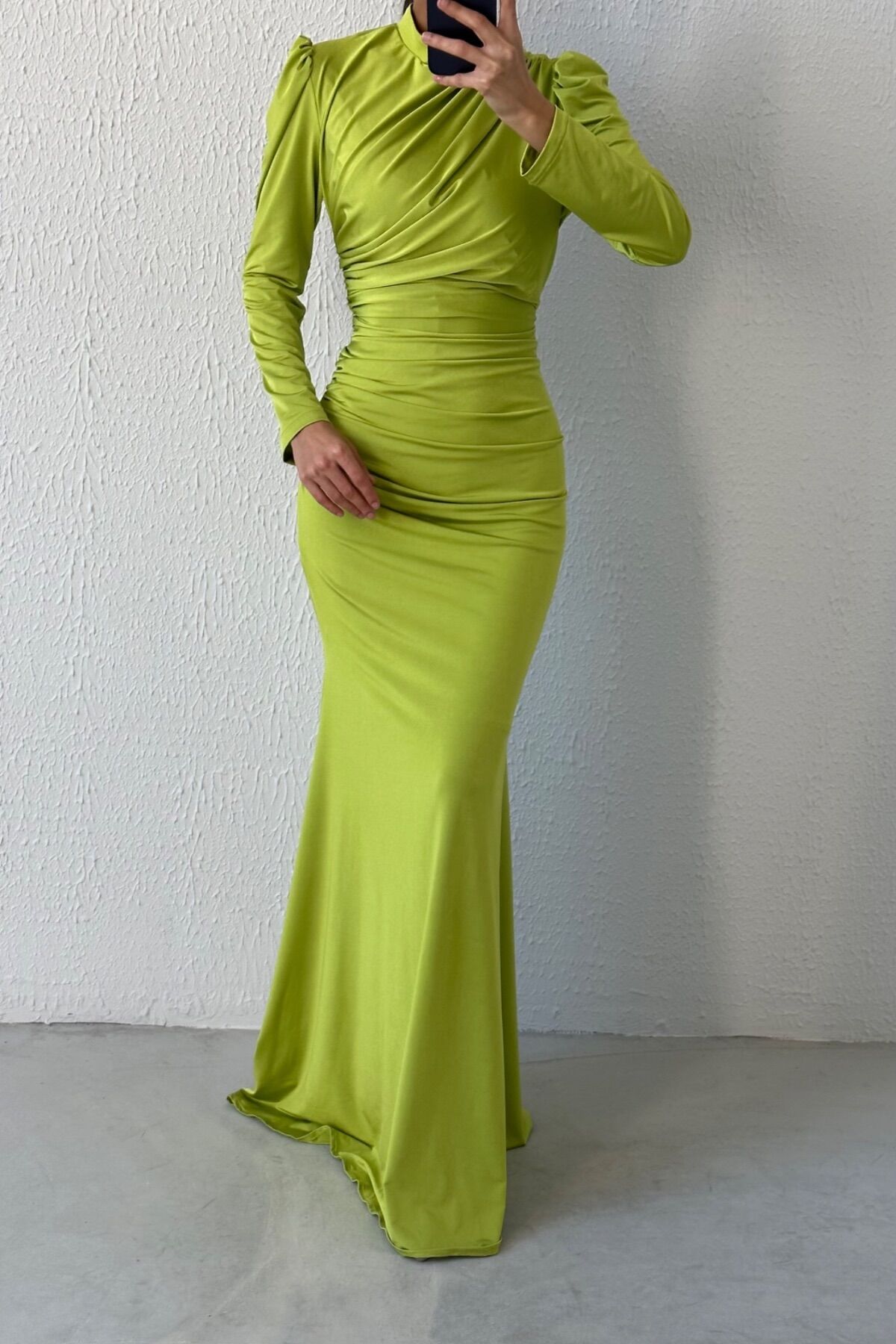 Basic Fish Model Sendi Fabric Hijab Evening Dress Oil Green