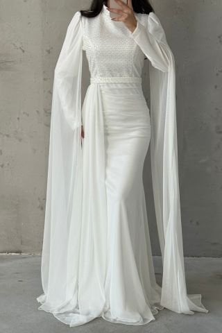 Işıltılı Tasarım Kol Detaylı Şifon Tesettür Abiye Ekru