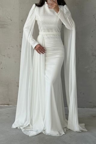 Işıltılı Tasarım Kol Detaylı Şifon Tesettür Abiye Ekru