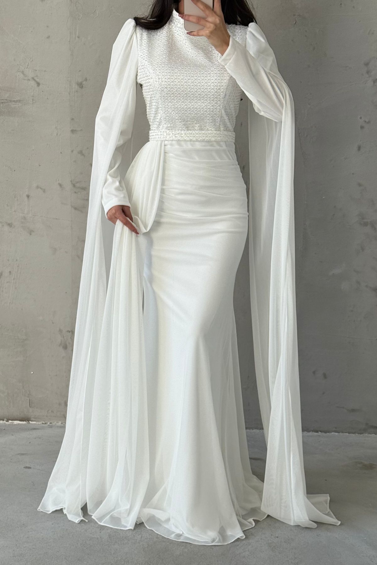 Işıltılı Tasarım Kol Detaylı Şifon Tesettür Abiye Ekru