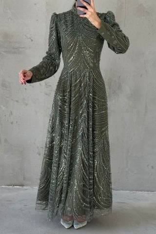 İşlemeli Dökümlu Zarif Tesettür Abiye Haki