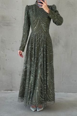 İşlemeli Dökümlu Zarif Tesettür Abiye Haki