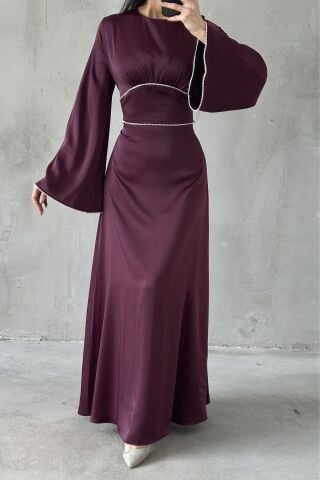 Satin Modest Evening Dress with Ruffled Sleeves and Pearl Embellishments on Sleeves and Waist, Plum