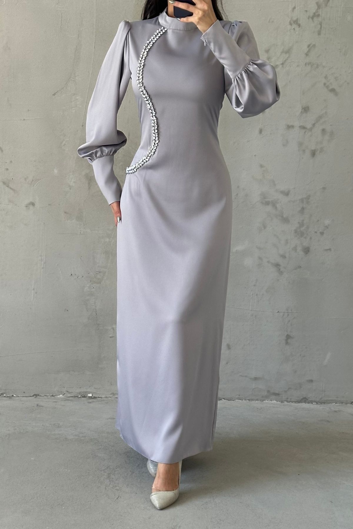 Pearl Touch Satin Hijab Evening Dress Gray