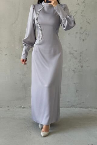 Pearl Touch Satin Hijab Evening Dress Gray