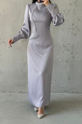 Pearl Touch Satin Hijab Evening Dress Gray