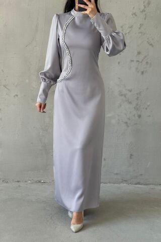 Pearl Touch Satin Hijab Evening Dress Gray