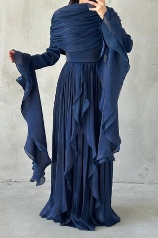 Ruffle Detailed Janjan Hijab Evening Dress Navy Blue