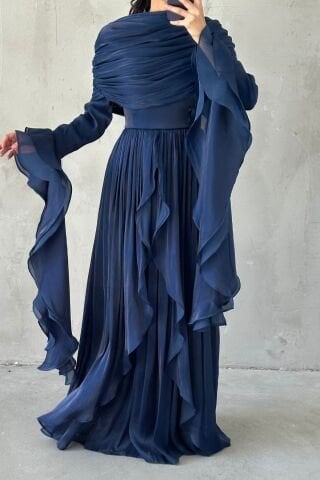 Volan Detaylı Fırfırlı Janjan Tesettür Abiye Lacivert