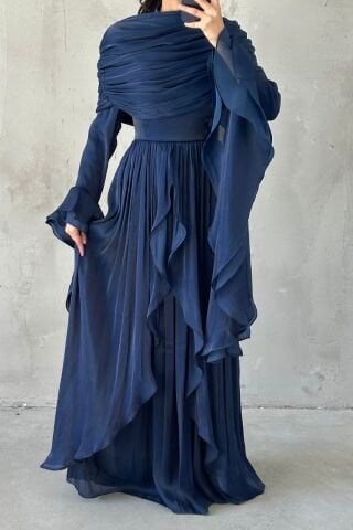 Volan Detaylı Fırfırlı Janjan Tesettür Abiye Lacivert