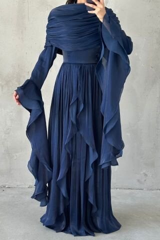 Volan Detaylı Fırfırlı Janjan Tesettür Abiye Lacivert
