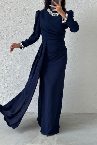 Elegant Crepe Hijab Evening Dress Embellished with Pearls Navy Blue