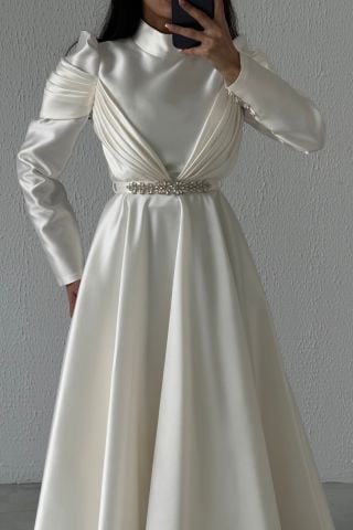 Zarafetin Sembolü Saten Tesettür Abiye Ekru