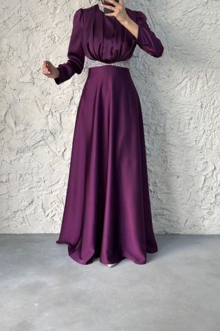 Stone Detailed Gathered Satin Hijab Evening Dress Purple