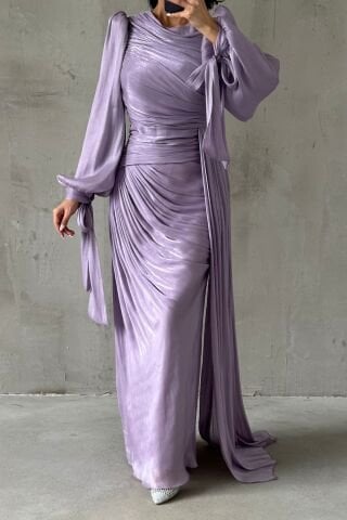 Flowing Fabric Tail Detailed Modest Evening Dress Lilac