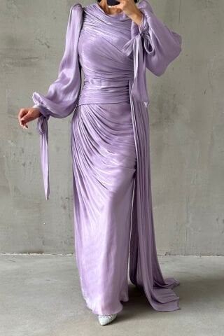 Flowing Fabric Tail Detailed Modest Evening Dress Lilac