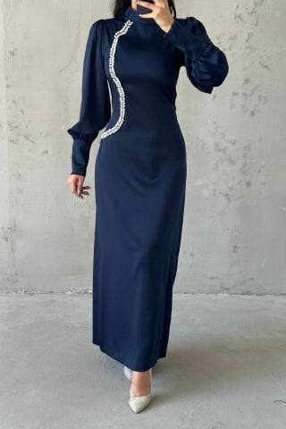 Pearl Touch Satin Hijab Evening Dress Navy Blue
