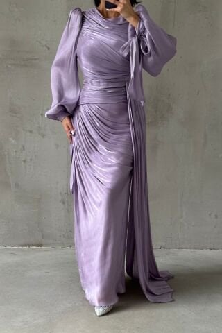 Flowing Fabric Tail Detailed Modest Evening Dress Lilac
