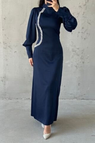 Pearl Touch Satin Hijab Evening Dress Navy Blue