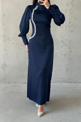 Pearl Touch Satin Hijab Evening Dress Navy Blue