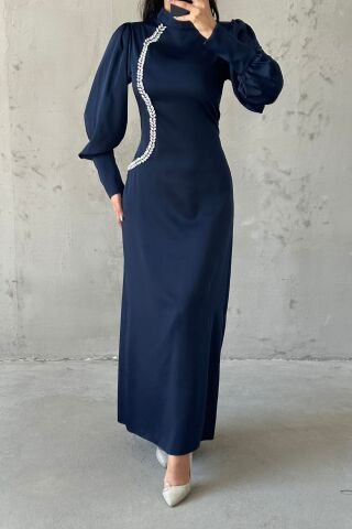 İnci Dokunuşlu Saten Tesettür Abiye  Lacivert