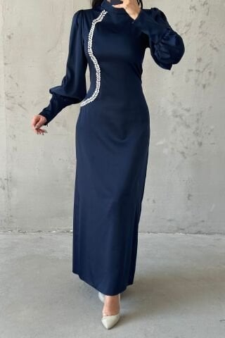 Pearl Touch Satin Hijab Evening Dress Navy Blue