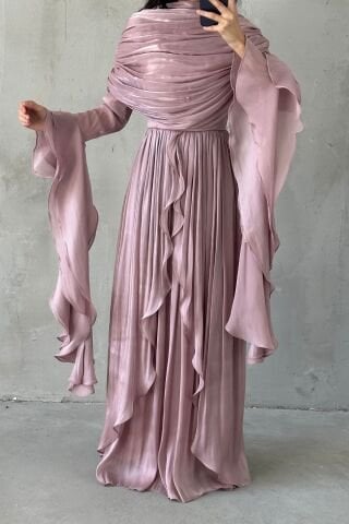 Ruffle Detailed Janjan Hijab Evening Dress Powder
