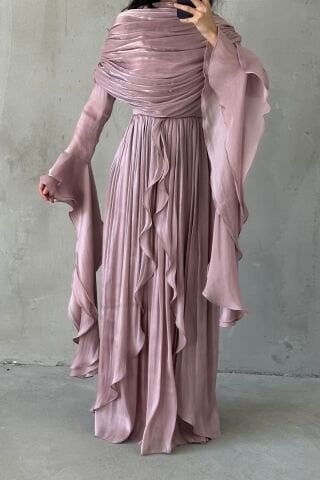 Volan Detaylı Fırfırlı Janjan Tesettür Abiye Pudra