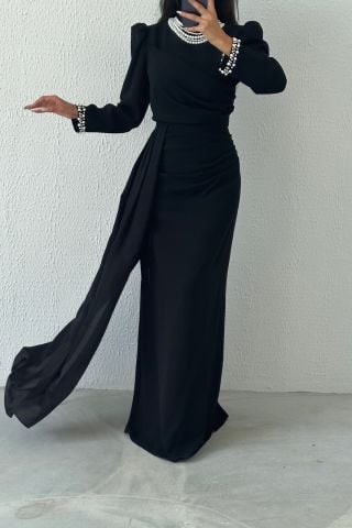 Elegant Crepe Hijab Evening Dress Embellished with Pearls Black