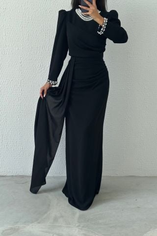 İncilerle Süslenmiş Şık Krep Tesettür Abiye Siyah