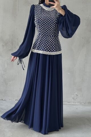 Liora Hijab Evening Dress Navy Blue