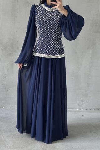 Liora Hijab Evening Dress Navy Blue
