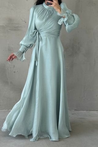 Işıltılı Kol Ve Bel Detaylı Tesettür Abiye Mint
