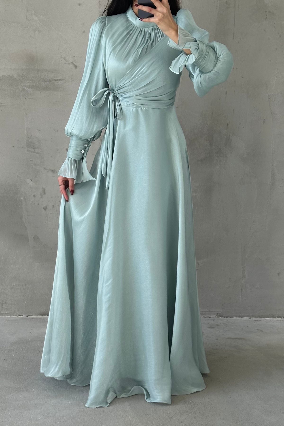 Işıltılı Kol Ve Bel Detaylı Tesettür Abiye Mint