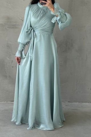 Işıltılı Kol Ve Bel Detaylı Tesettür Abiye Mint