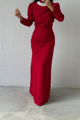 Fish Model Pearl Detailed Crepe Hijab Evening Dress Burgundy