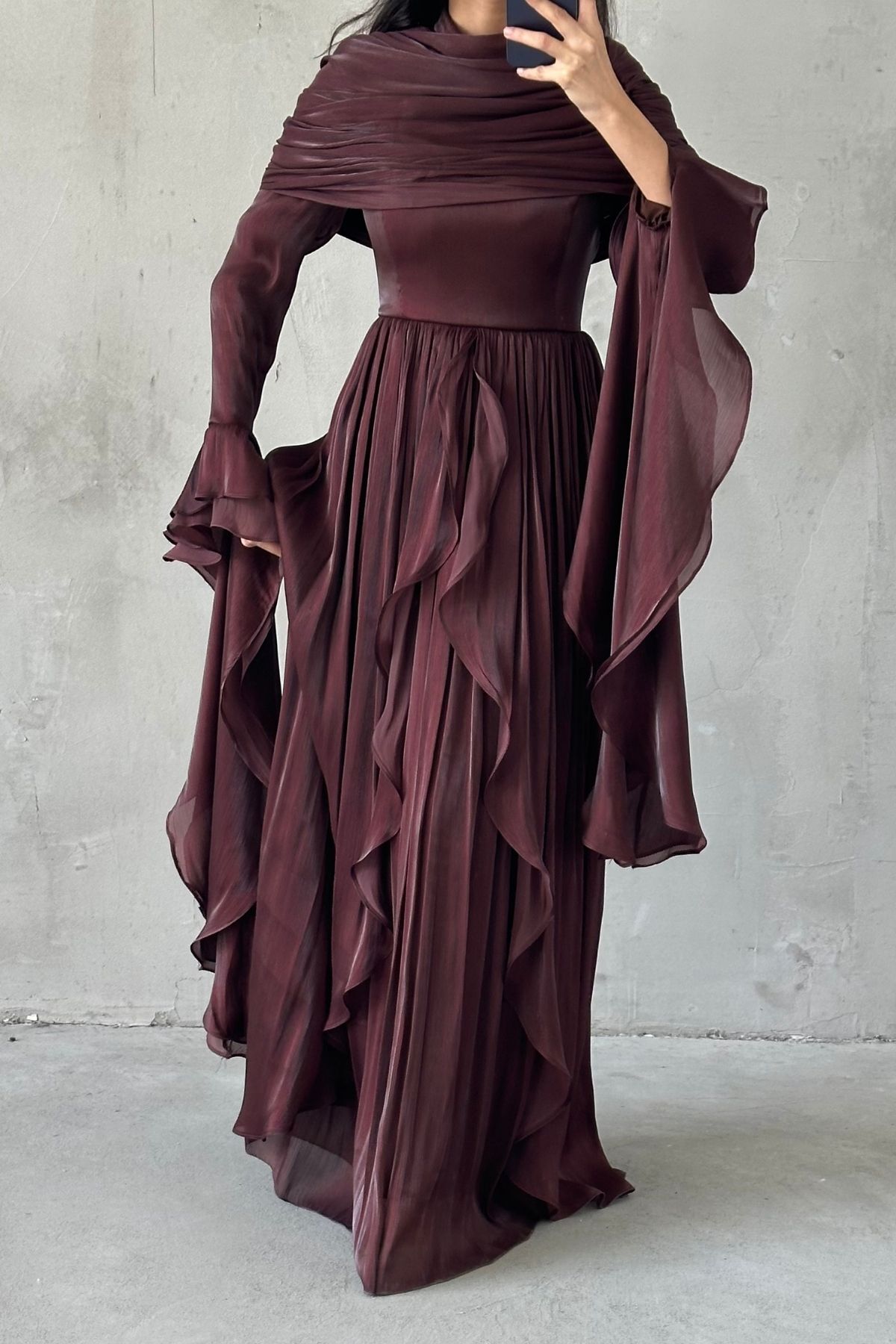 Ruffle Detailed Janjan Hijab Evening Dress Brown