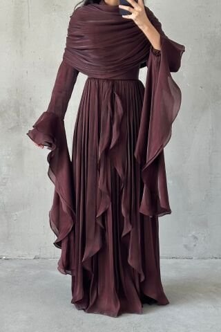 Ruffle Detailed Janjan Hijab Evening Dress Brown