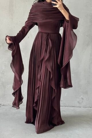Ruffle Detailed Janjan Hijab Evening Dress Brown