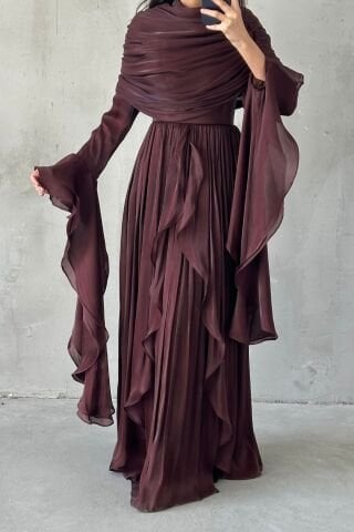 Ruffle Detailed Janjan Hijab Evening Dress Brown
