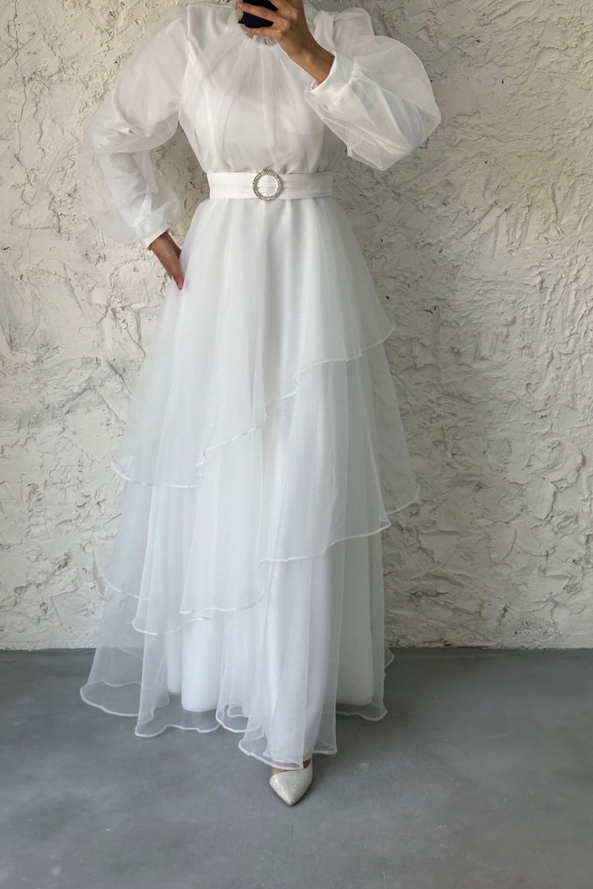 Tül Kat Kat Tesettür Abiye Ekru